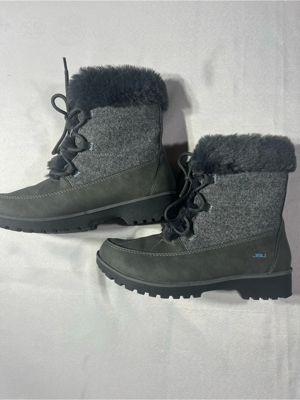 JBU Women's 7 Charcoal Gray Lace-Up Winter Snow Boots with Faux Fur Cuff